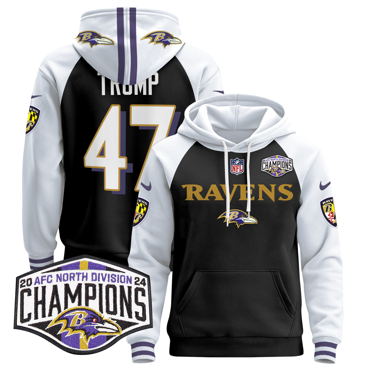 Men's Baltimore Ravens 2024 AFC North Division Champions Patch Pullover Hoodie - All Stitched - Black Alternate - Donald Trump — view 1