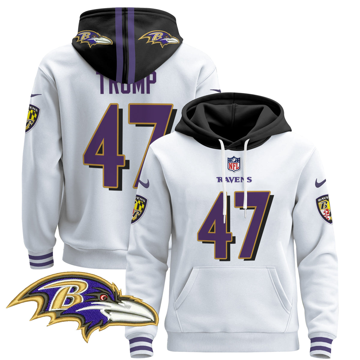 Men's Baltimore Ravens 2024 Pullover Hoodie V4 - All Stitched - White - Donald Trump — view 1