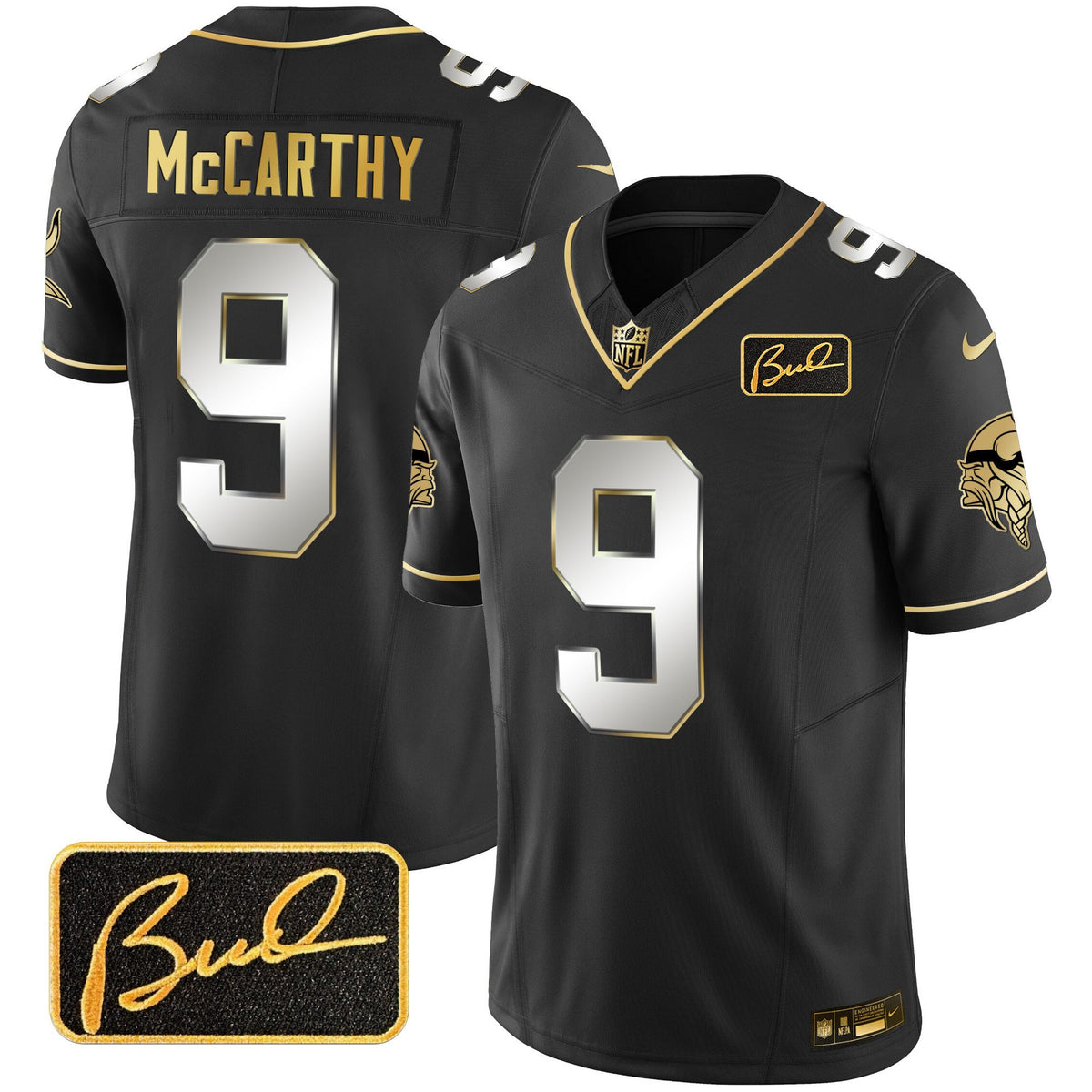 Men's Vikings Bud Grant Patch Gold Limited Jersey V2 - All Stitched - Black Limited - J.J. McCarthy — view 1
