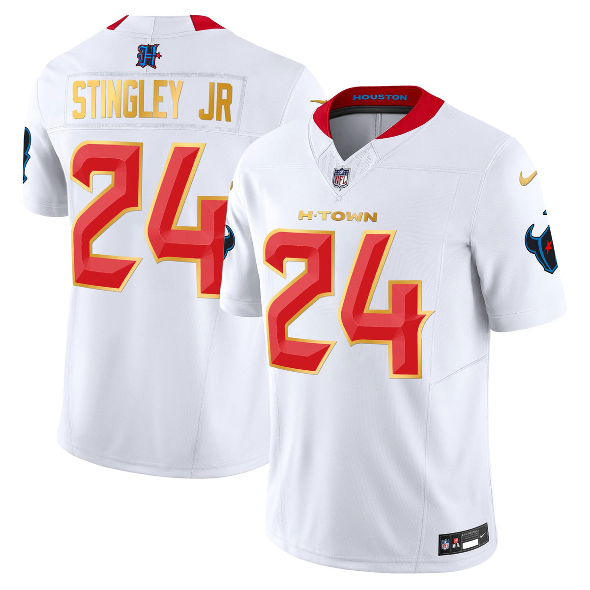 Men's Houston Texans 2024 Gold Trim Vapor Limited Jersey - All Stitched - White - Derek Stingley Jr — view 1
