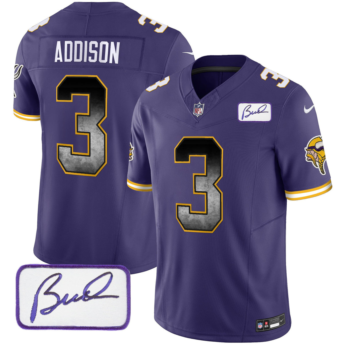 Men's Vikings Bud Grant Patch Arch Smoke Vapor Jersey - All Stitched - Purple - Jordan Addison — view 1