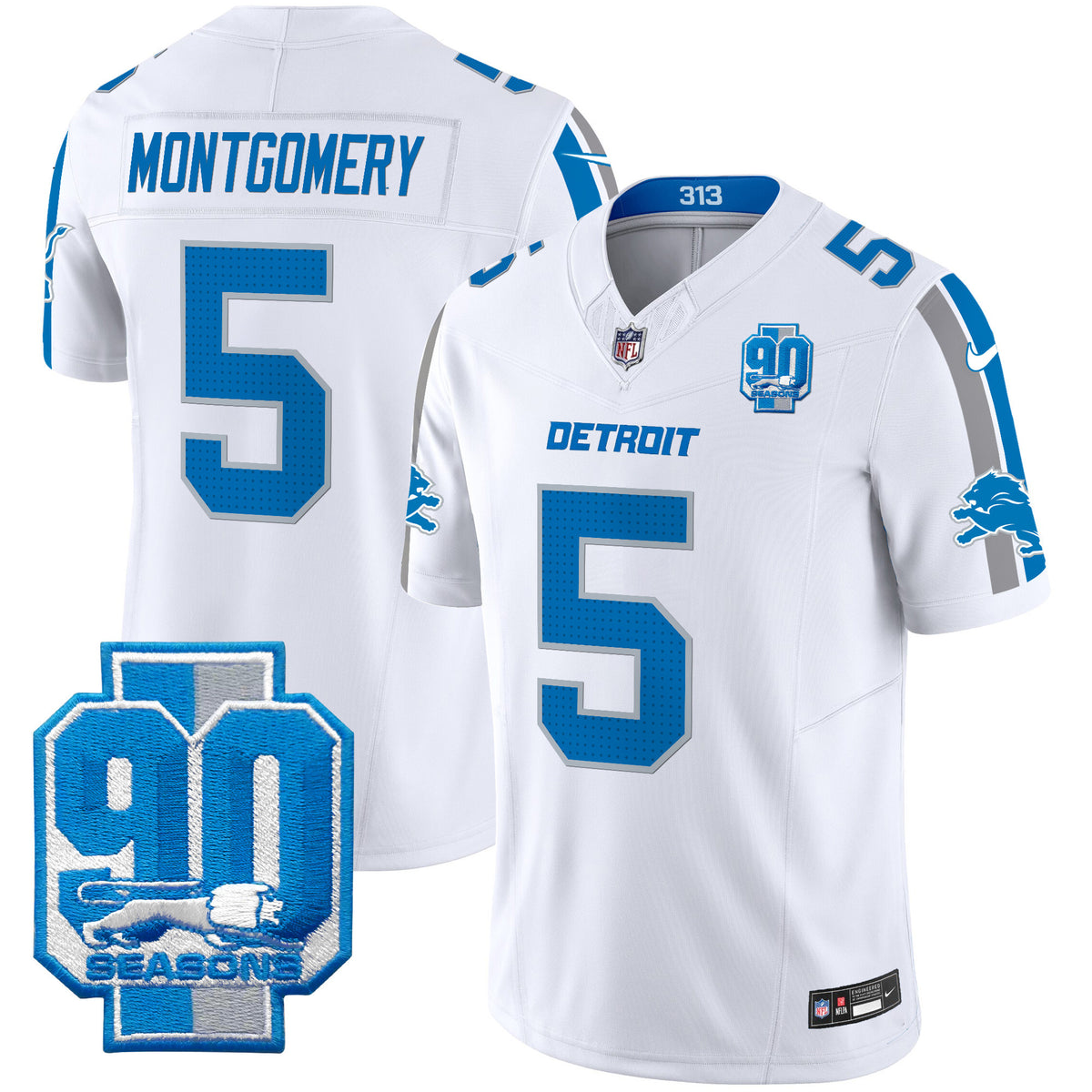 Men's Detroit Lions 90th Year Patch Vapor Limited Jersey - All Stitched - White - David Montgomery — view 1