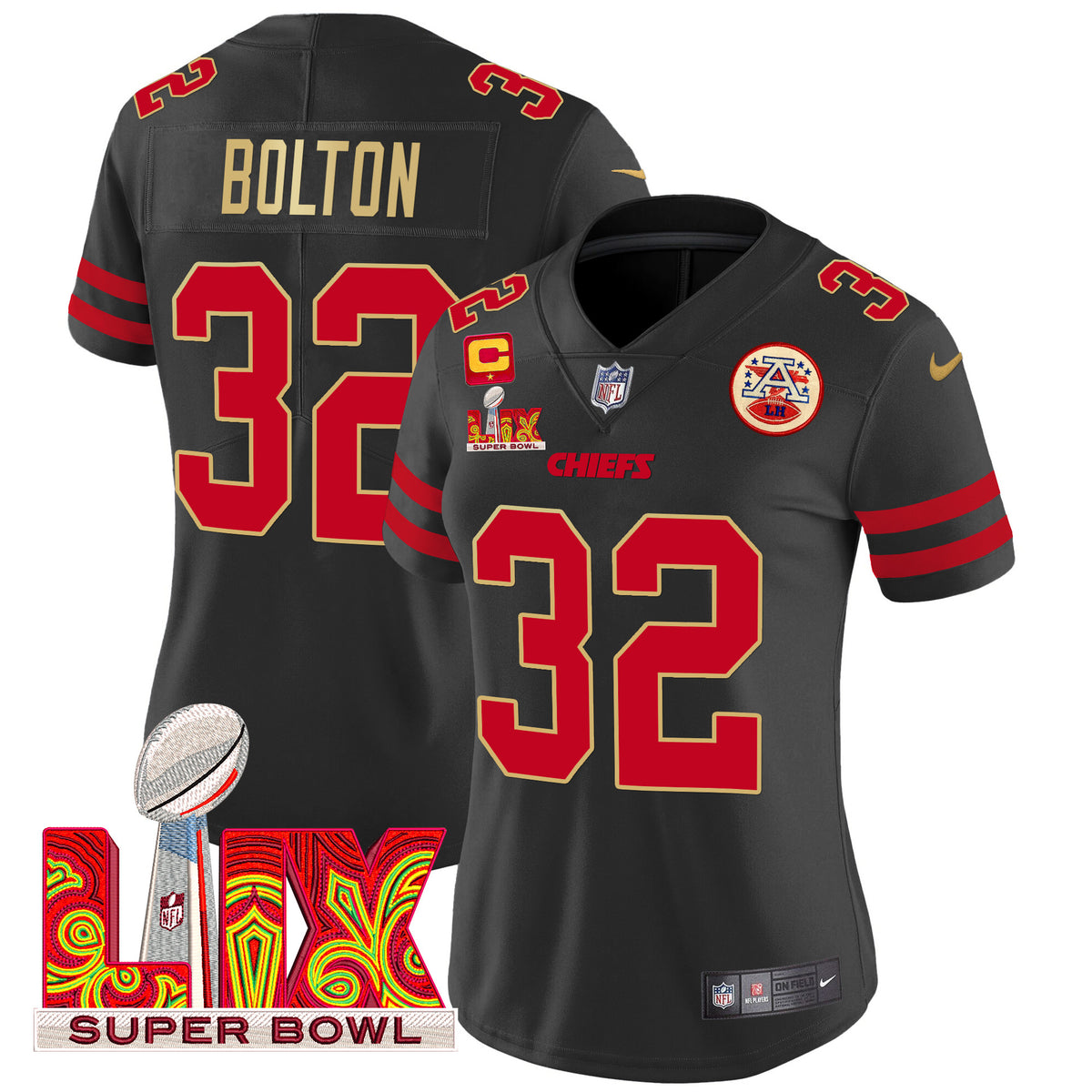 Women's Chiefs Super Bowl LIX Patch Gold Trim Vapor Limited Jersey - All Stitched - Black - Nick Bolton — view 1
