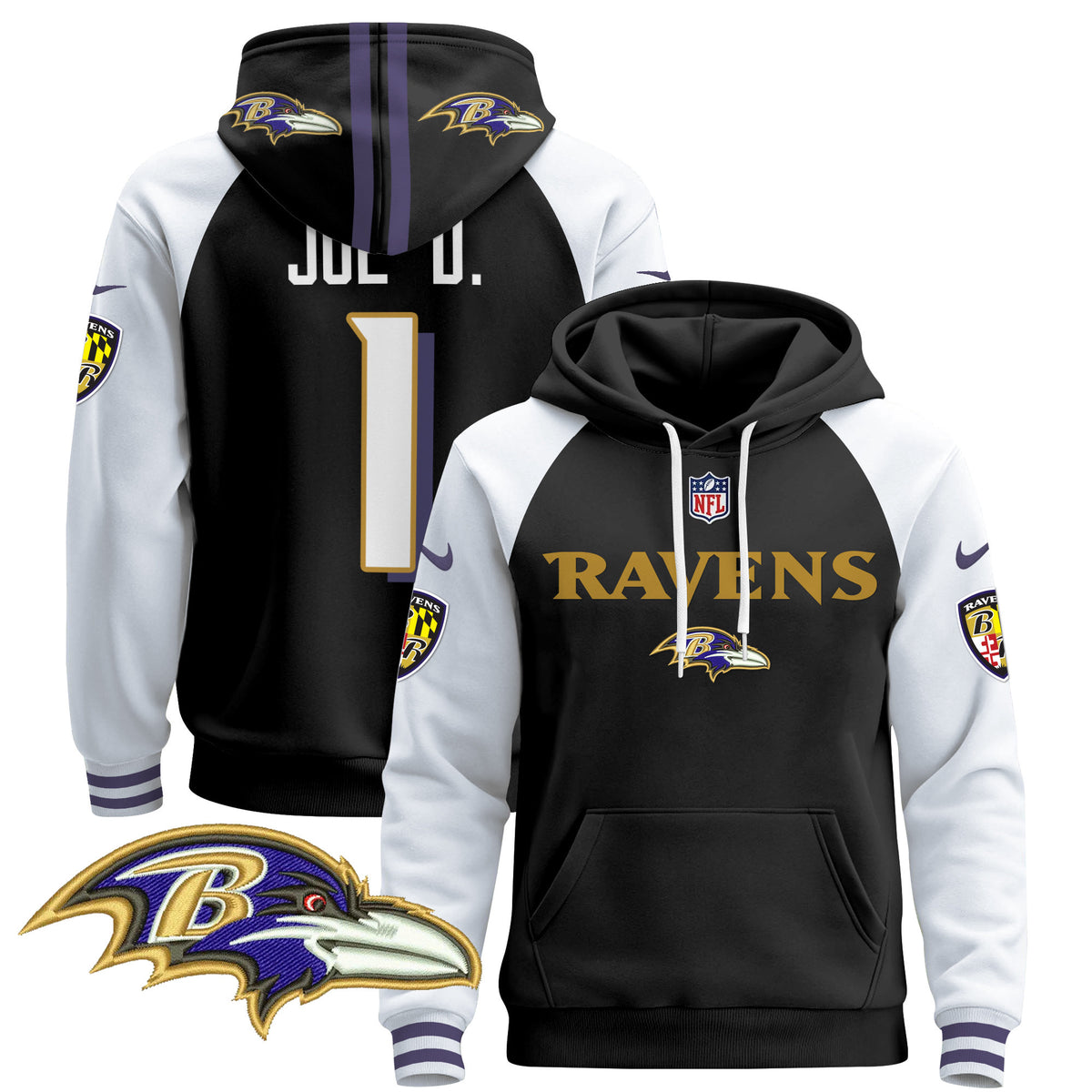 Men's Baltimore Ravens 2024 Pullover Hoodie V3 - All Stitched - Black Alternate - Joe D — view 1