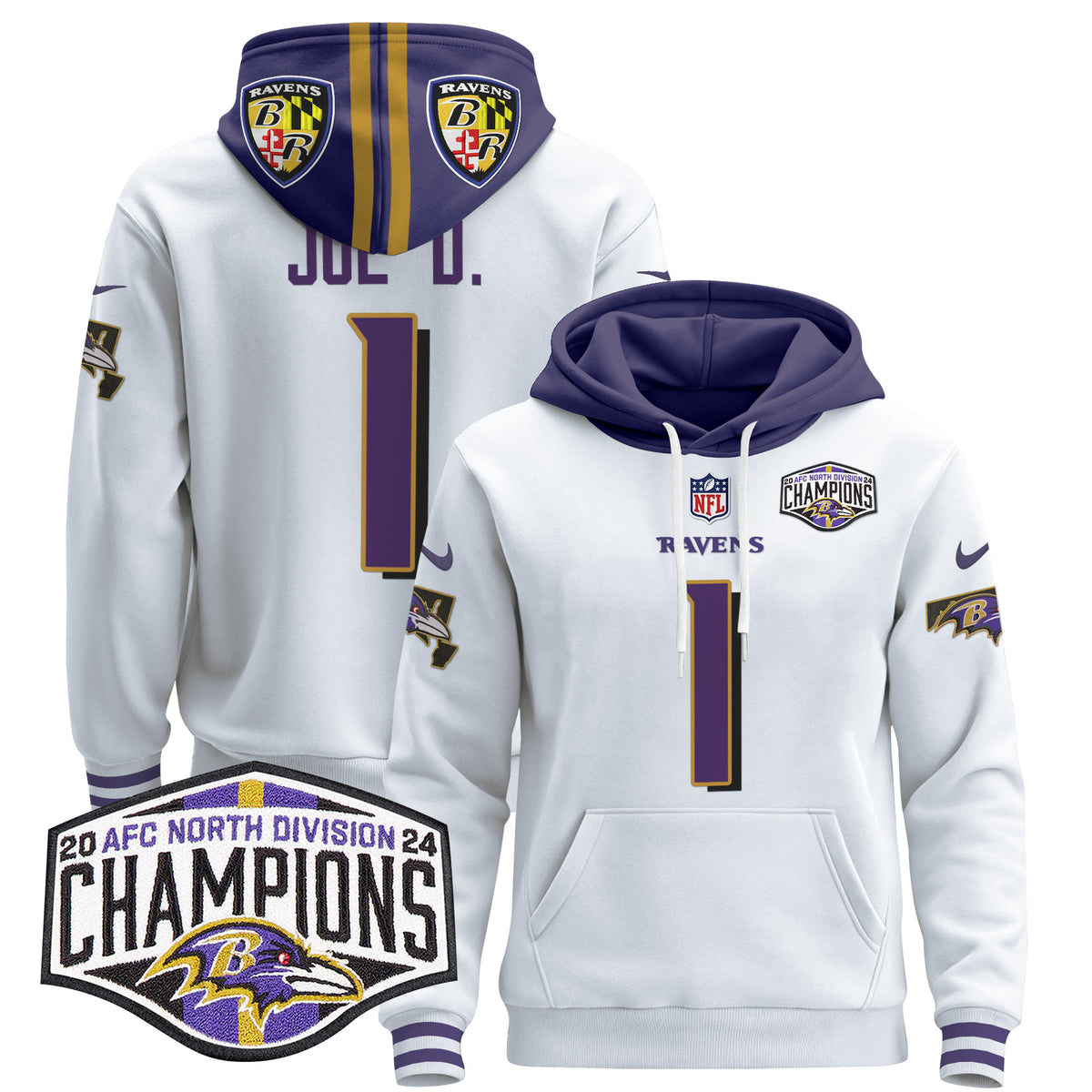 Men's Baltimore Ravens 2024 AFC North Division Champions Patch Pullover Hoodie V2 - All Stitched - White - Joe D — view 1