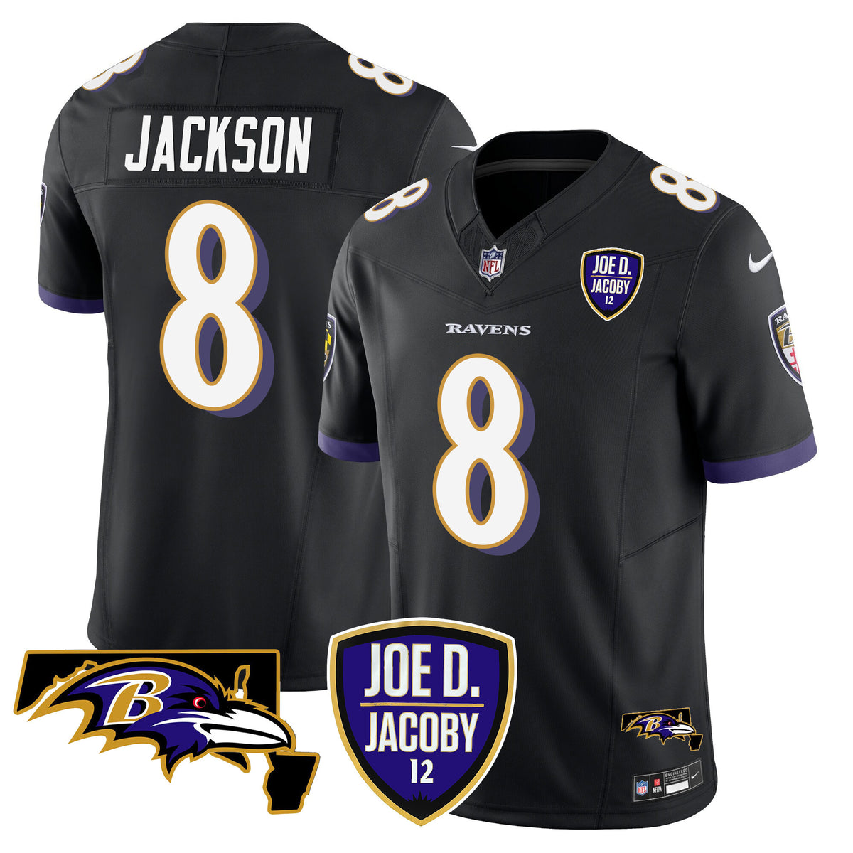 Men's Ravens Joe D & Jacoby Patch Vapor Limited Jersey - All Stitched - Black - Lamar Jackson — view 1
