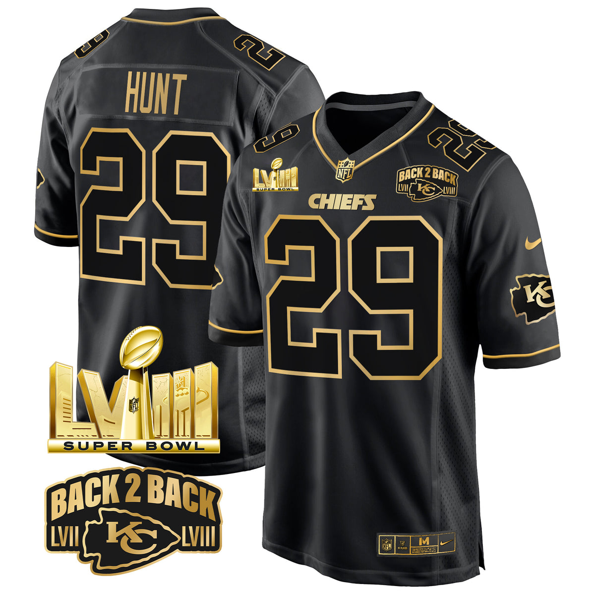 Men's Chiefs Super Bowl LVIII & Back 2 Back Gold Game Jersey - All Stitched - Black Gold - Kareem Hunt — view 1