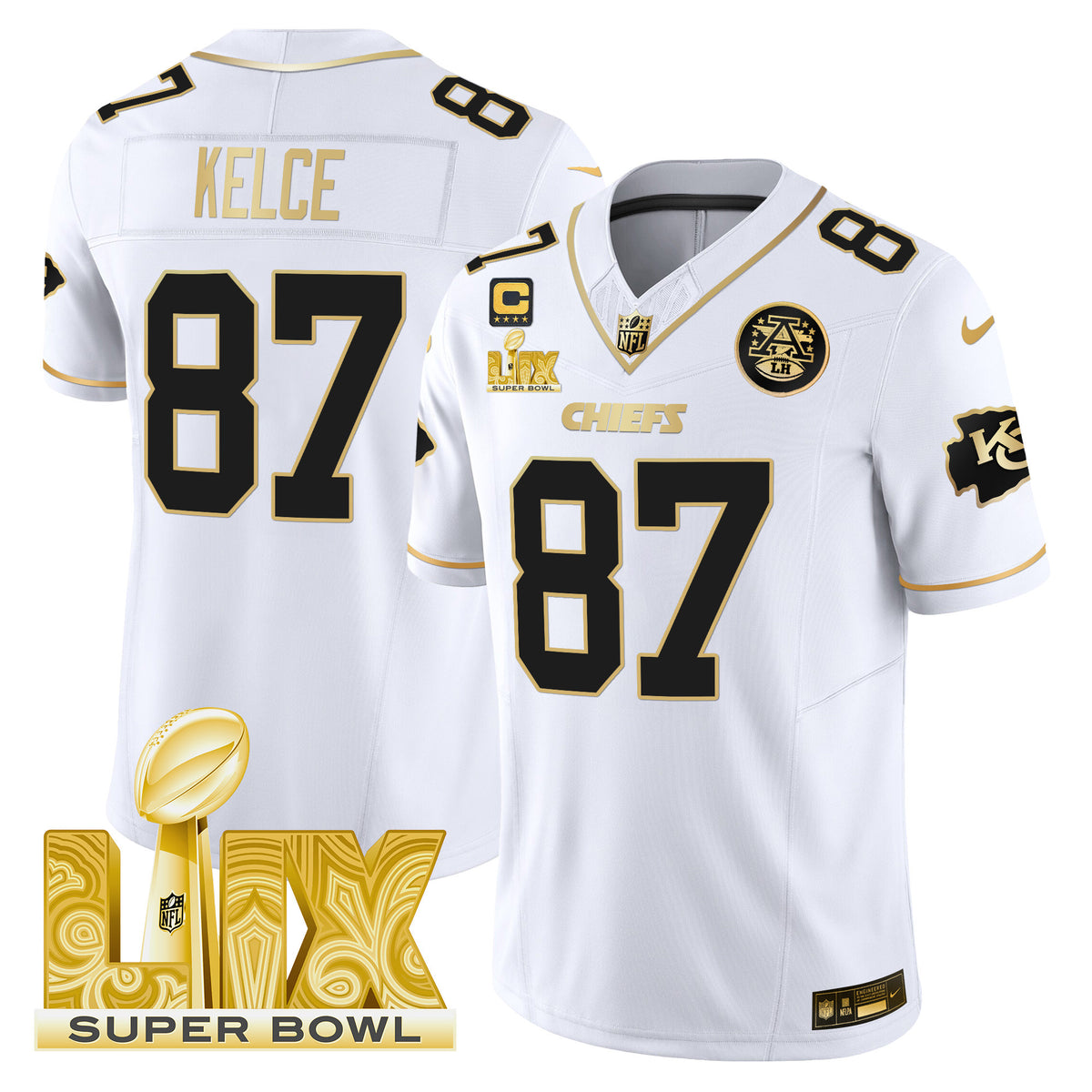 Men's Chiefs Super Bowl LIX Patch Gold Vapor Limited Jersey - All Stitched - White Gold - Travis Kelce — view 1