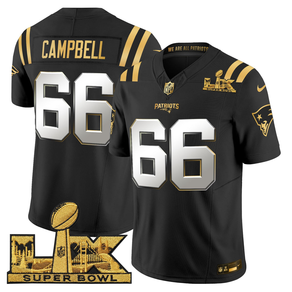 Men's New England Patriots Super Bowl LX Gold Vapor Limited Jersey - All Stitched - Black Limited - Will Campbell — view 1