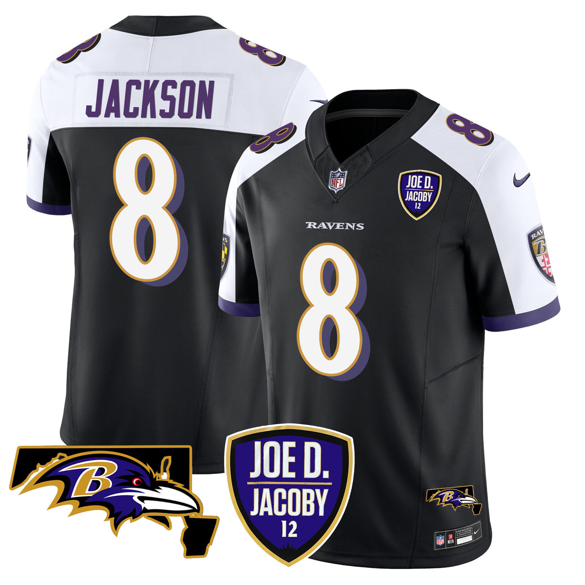 Men's Ravens Joe D & Jacoby Patch Vapor Limited Jersey - All Stitched - Black Alternate - Lamar Jackson — view 1