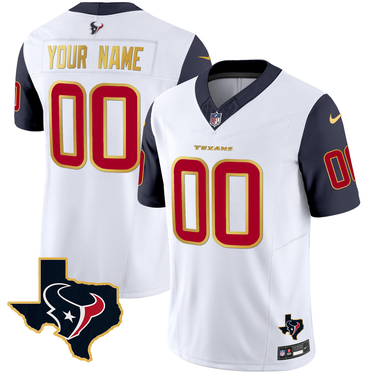 Houston Texans Gold Trim Vapor Custom Jersey - All Stitched - Navy Sleeves — view 1