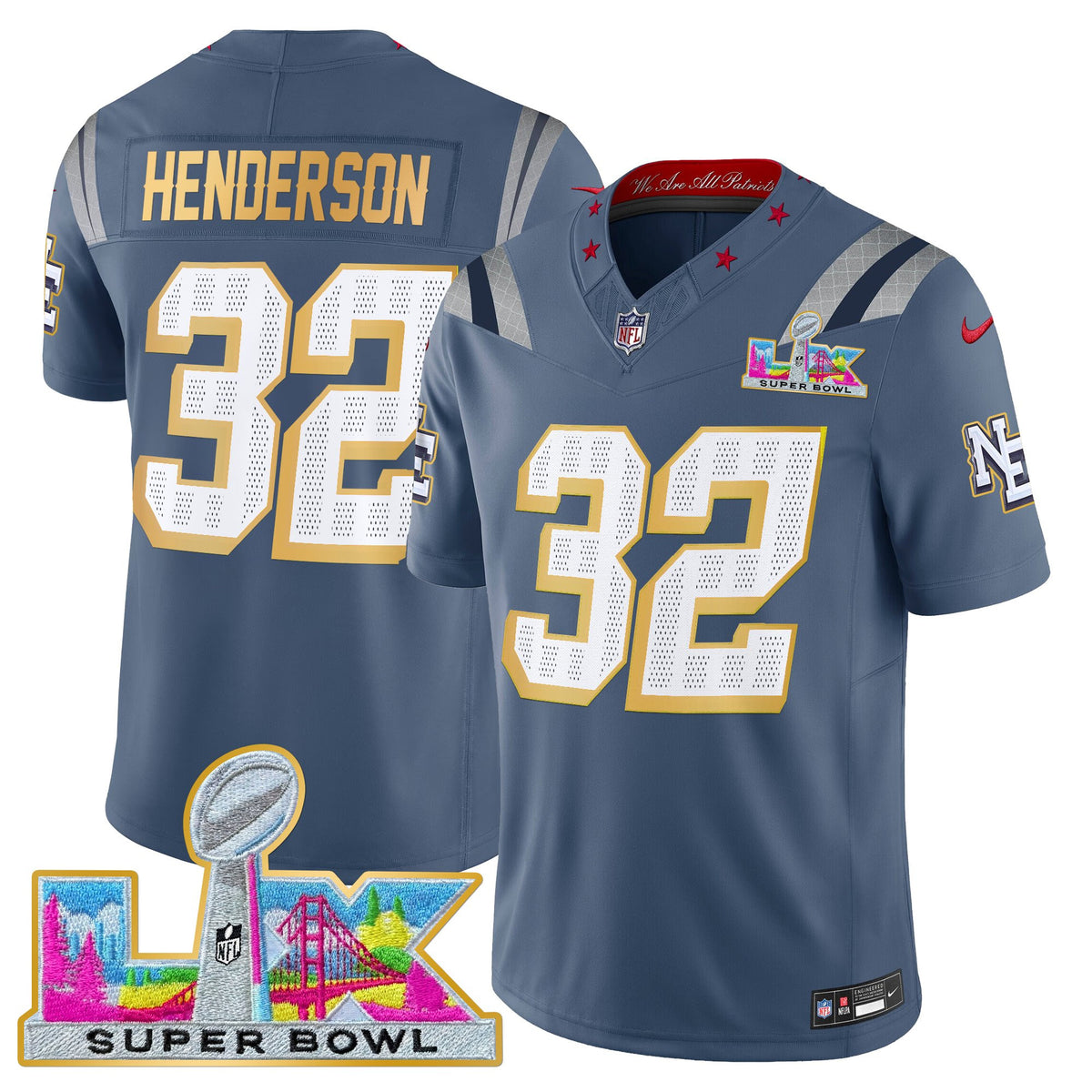Men's New England Patriots Super Bowl LX Gold Trim Vapor Limited Jersey - All Stitched - Storm Blue - TreVeyon Henderson — view 1