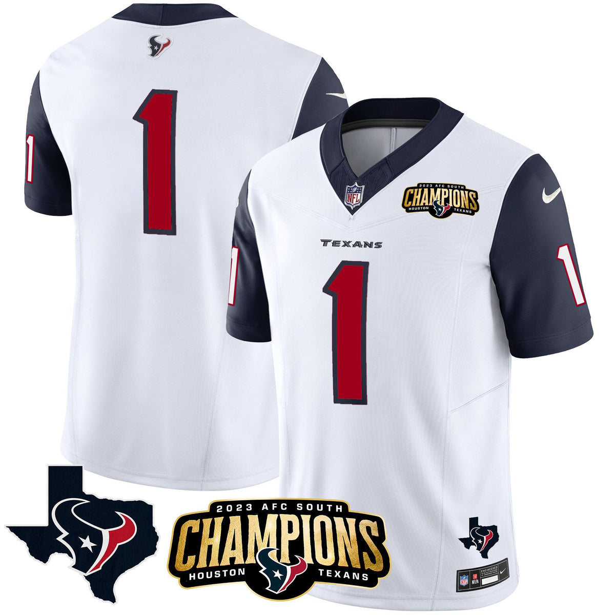 Men's Houston Texans 2023 AFC South Champions Patch Vapor Jersey - All Stitched - Navy Sleeves - #1 Team — view 1