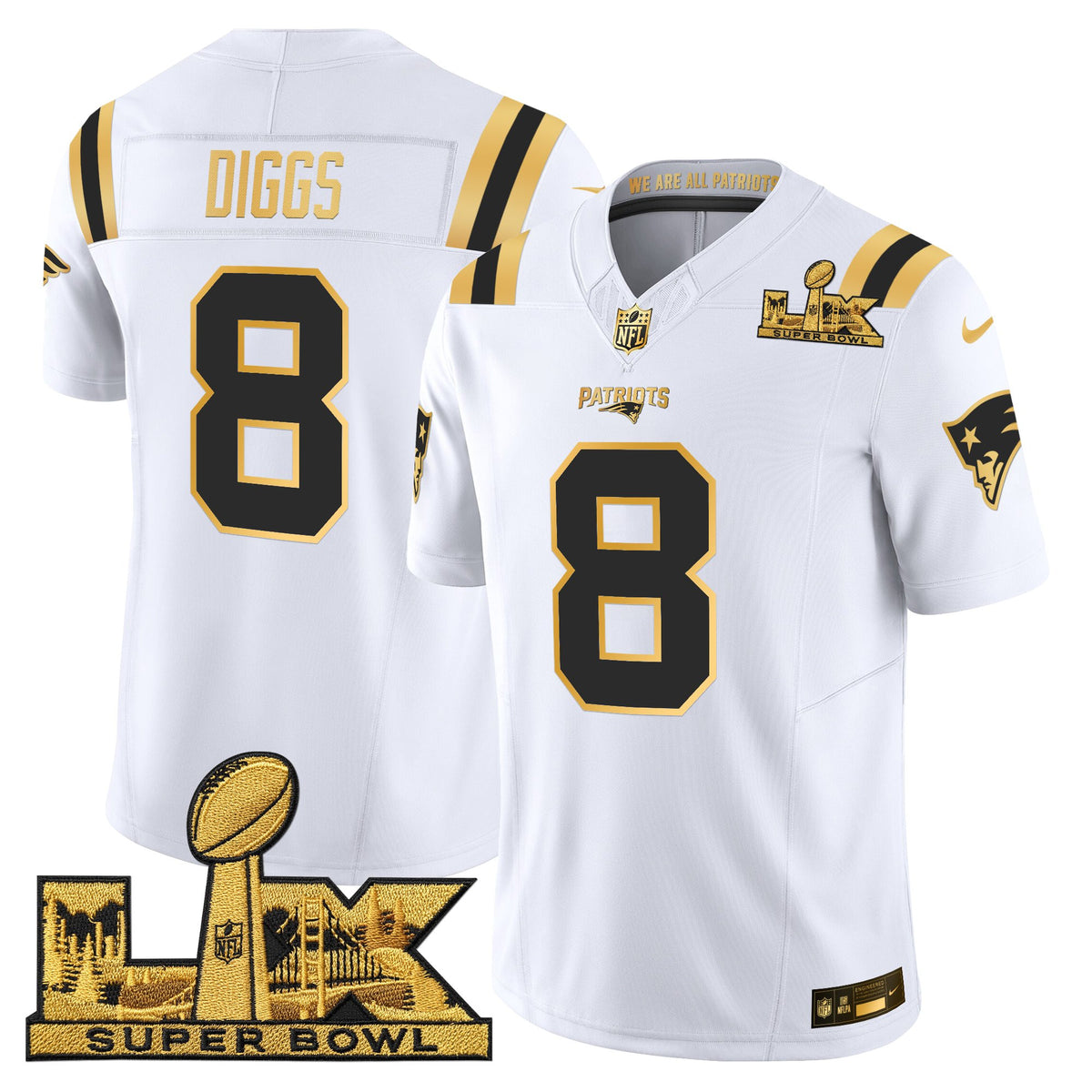 Men's New England Patriots Super Bowl LX Gold Vapor Limited Jersey - All Stitched - White Gold - Stefon Diggs — view 1