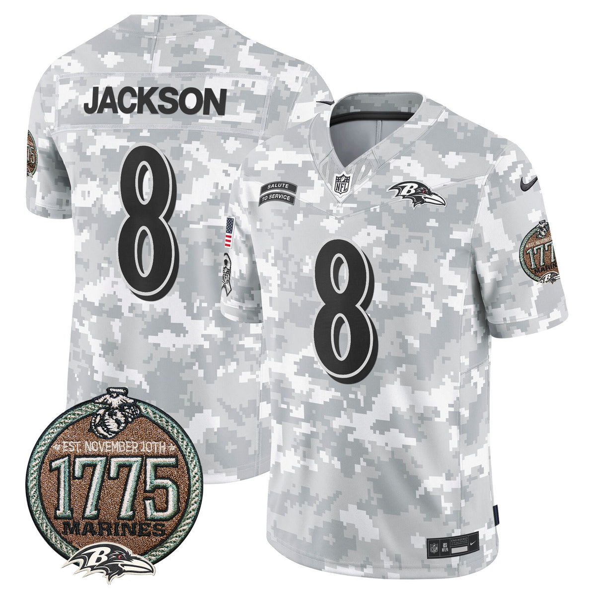 Men's Ravens 2024 Salute to Service Establishment Year Patch Vapor Limited Jersey - All Stitched - Marines - Lamar Jackson — view 1