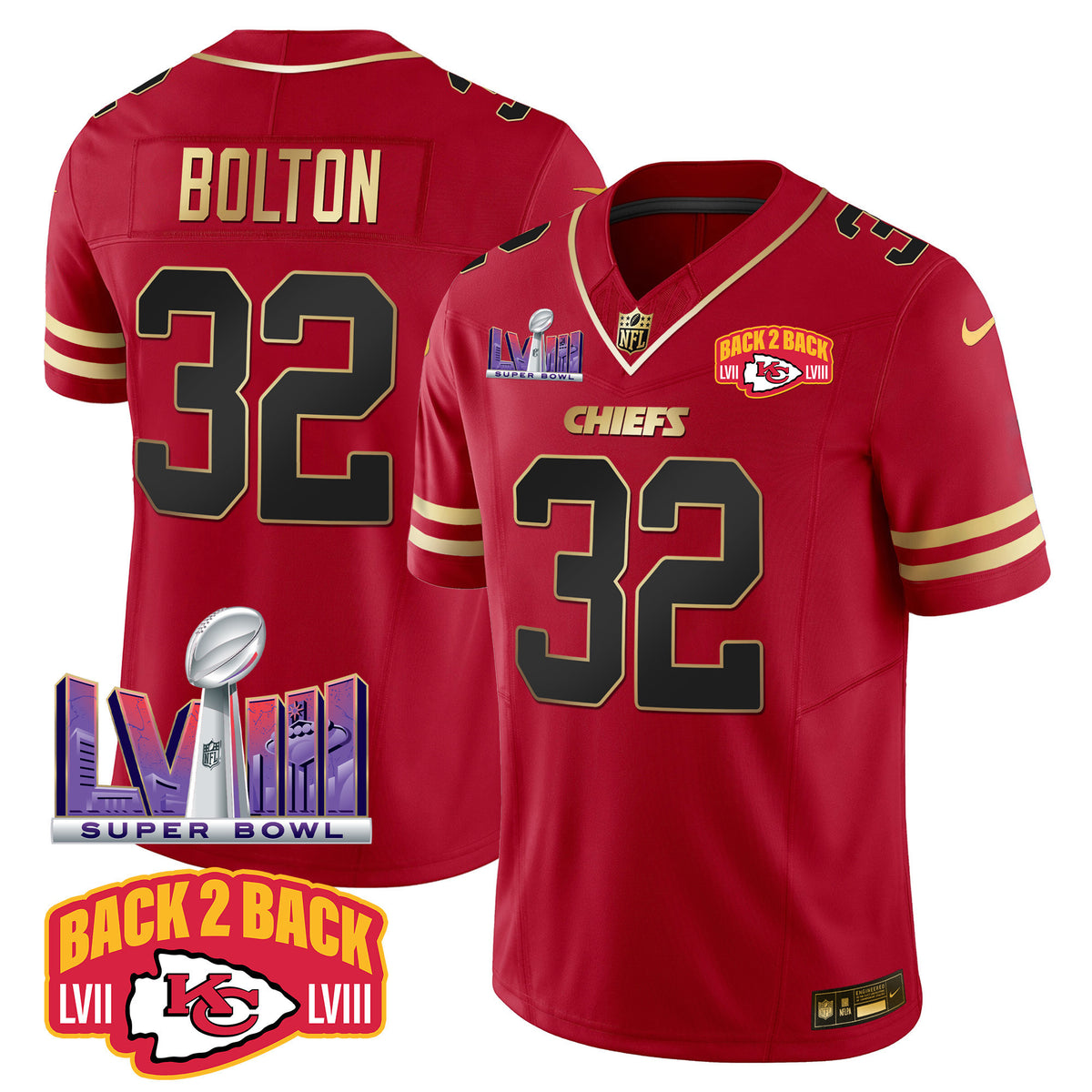 Men's Chiefs Super Bowl LVIII & Back 2 Back Patch Vapor Jersey - All Stitched - Black Red - Nick Bolton — view 1