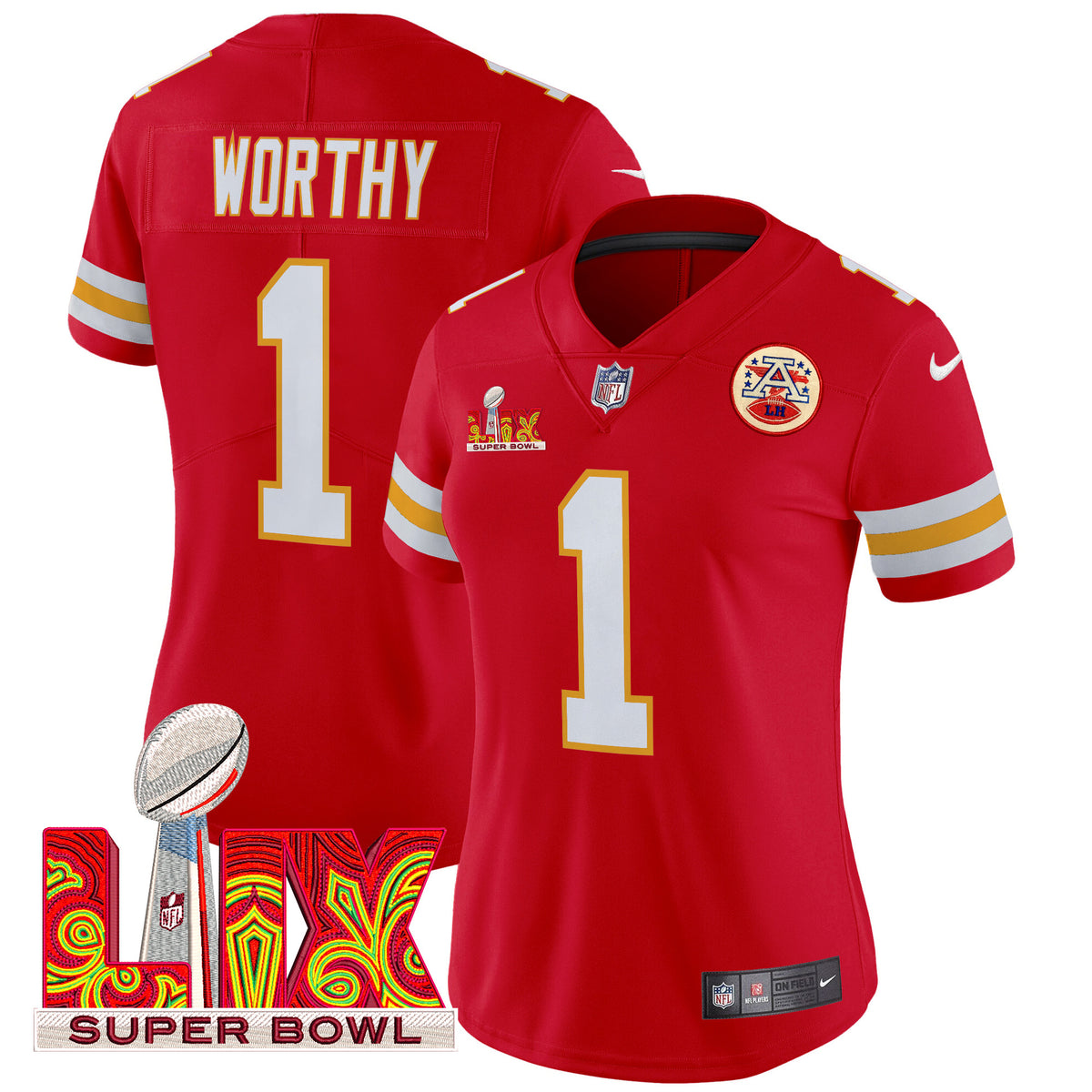 Women's Chiefs Super Bowl LIX Patch Vapor Limited Jersey - All Stitched - Red - Xavier Worthy — view 1