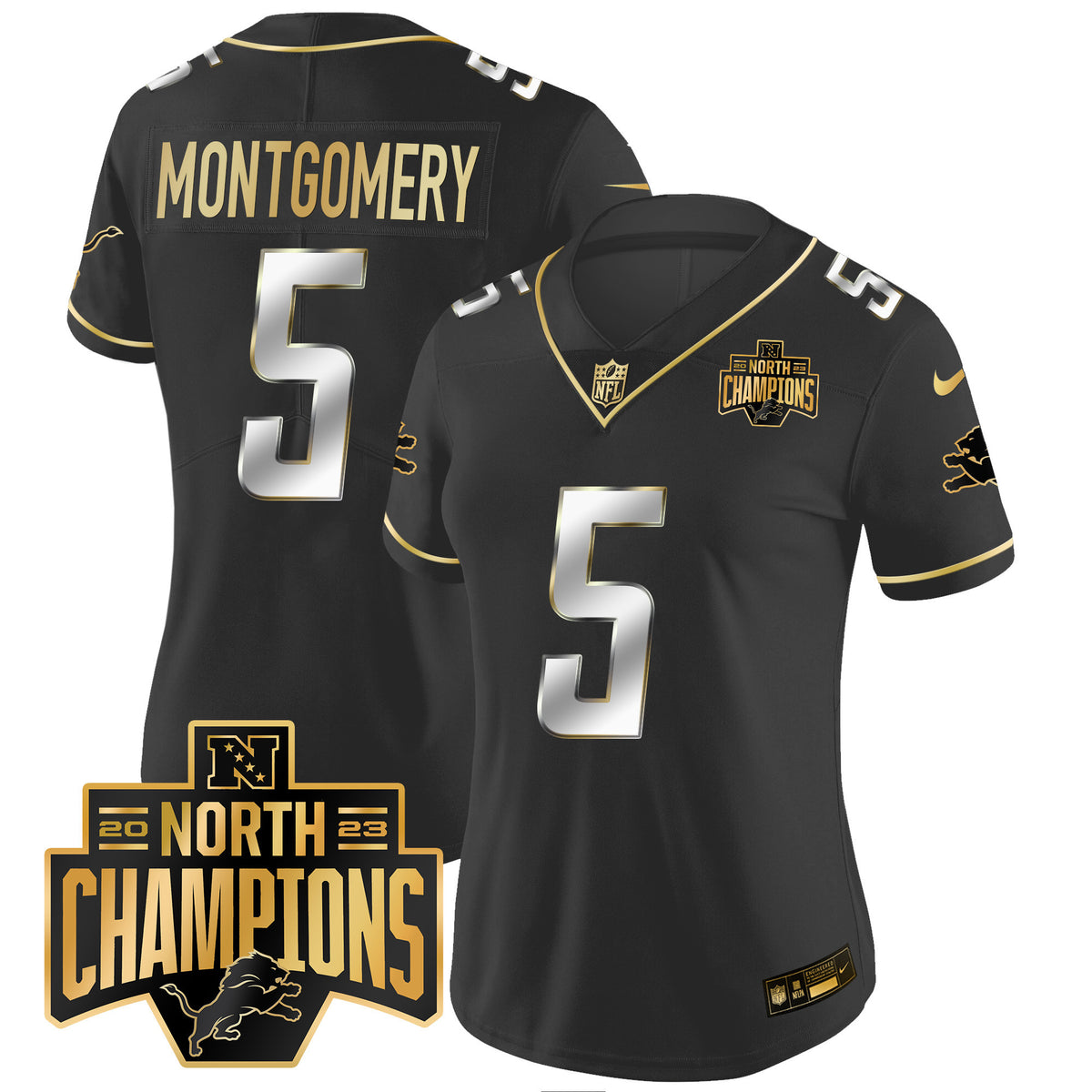Women's Detroit Lions 2023 NFC North Division Champions Patch Vapor Gold Jersey - All Stitched - Black Limited - David Montgomery — view 1