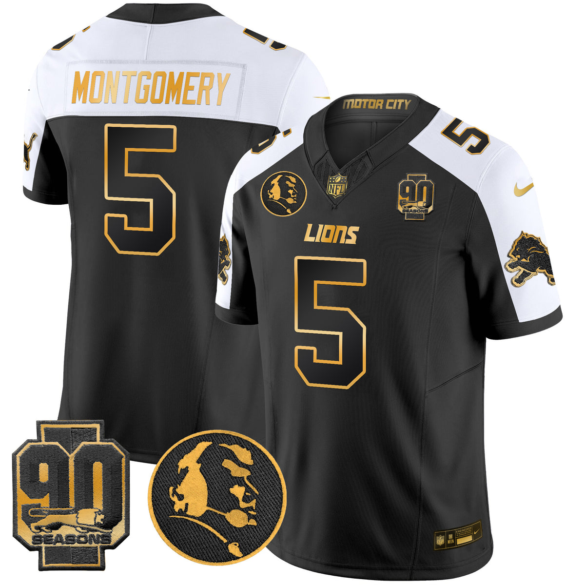 Men's Detroit Lions 2024 90th & John Madden Patch Gold Vapor Limited Jersey V2 - All Stitched - Alternate - David Montgomery — view 1