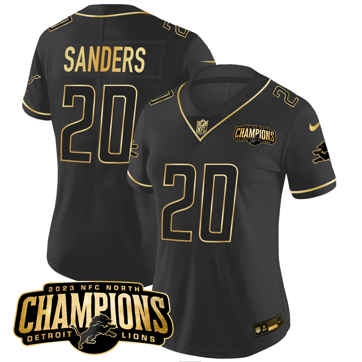 Women's Detroit Lions 2023 NFC North Champions Patch Gold Vapor Jersey - All Stitched - Black Gold - Barry Sanders — view 1