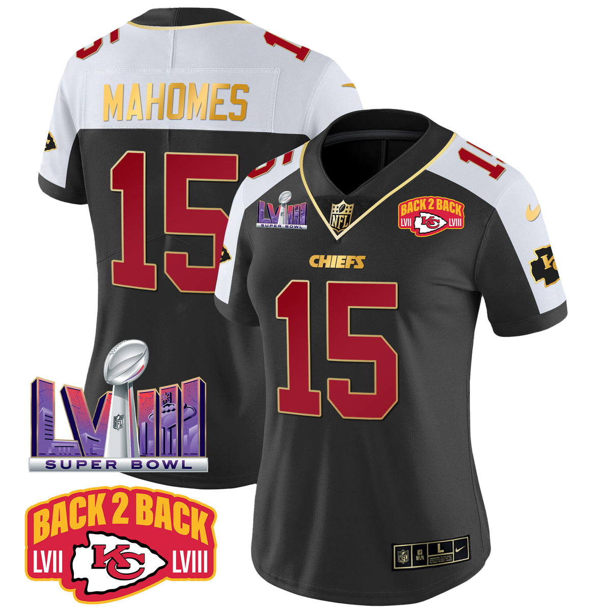 Women's Chiefs Super Bowl LVIII & Back 2 Back Patch Vapor Jersey - All Stitched - Black Alternate - Patrick Mahomes — view 1