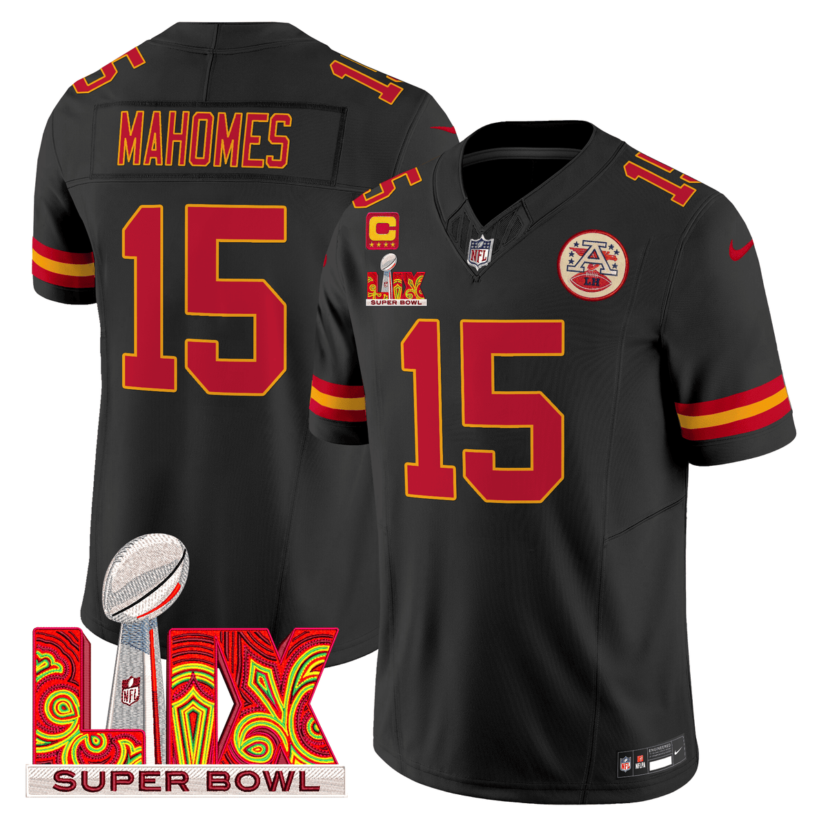 Men's Chiefs Super Bowl LIX Patch Vapor Limited Jersey - All Stitched - Black - Patrick Mahomes — view 1
