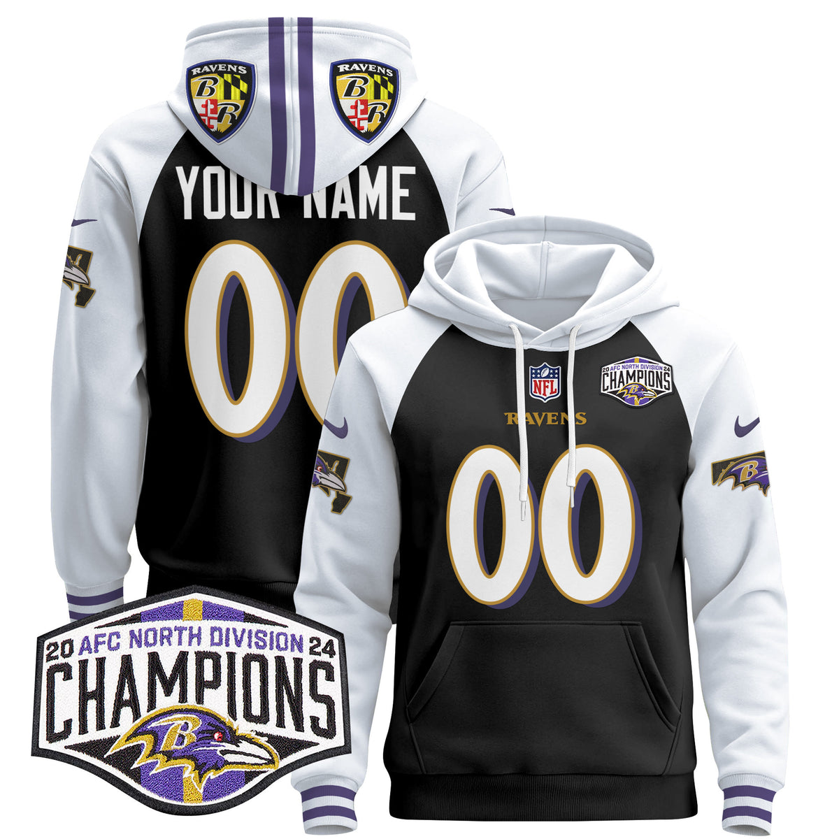 Baltimore Ravens 2024 AFC North Division Champions Patch Custom Pullover Hoodie V2 - All Stitched - Black Alternate — view 1