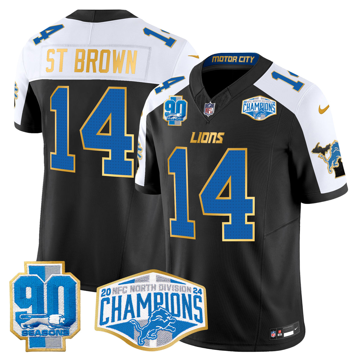 Men's Detroit Lions 2024 NFC North Division Champions Patch Gold Trim Vapor Limited Jersey - All Stitched - Black Alternate - St. Brown — view 1