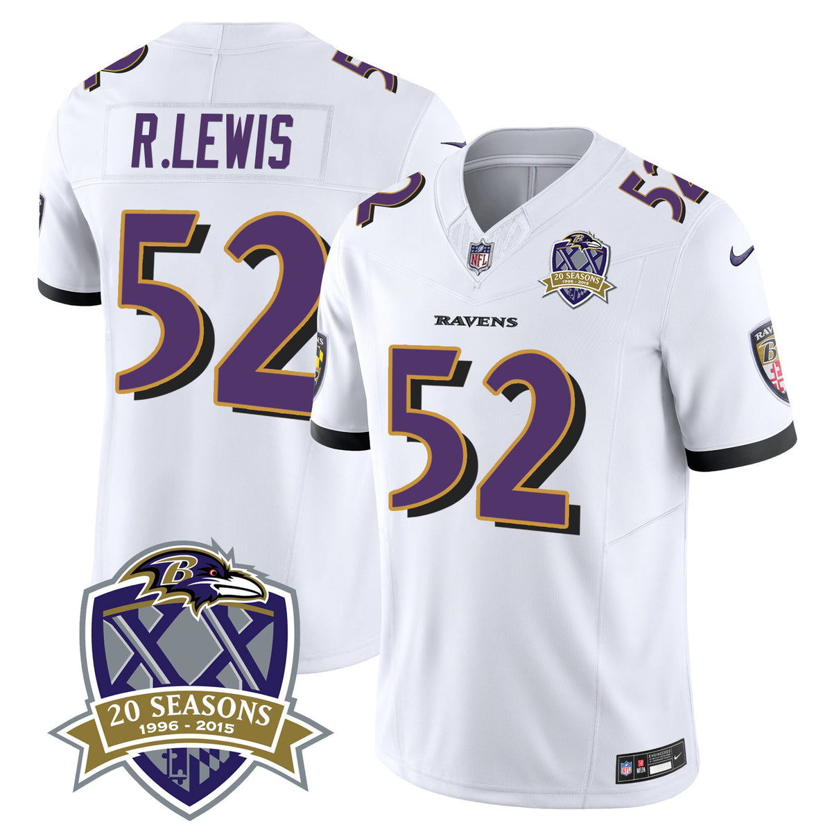 Men's Ravens 20th Season Patch Vapor Limited Jersey - All Stitched - White - Ray Lewis — view 1