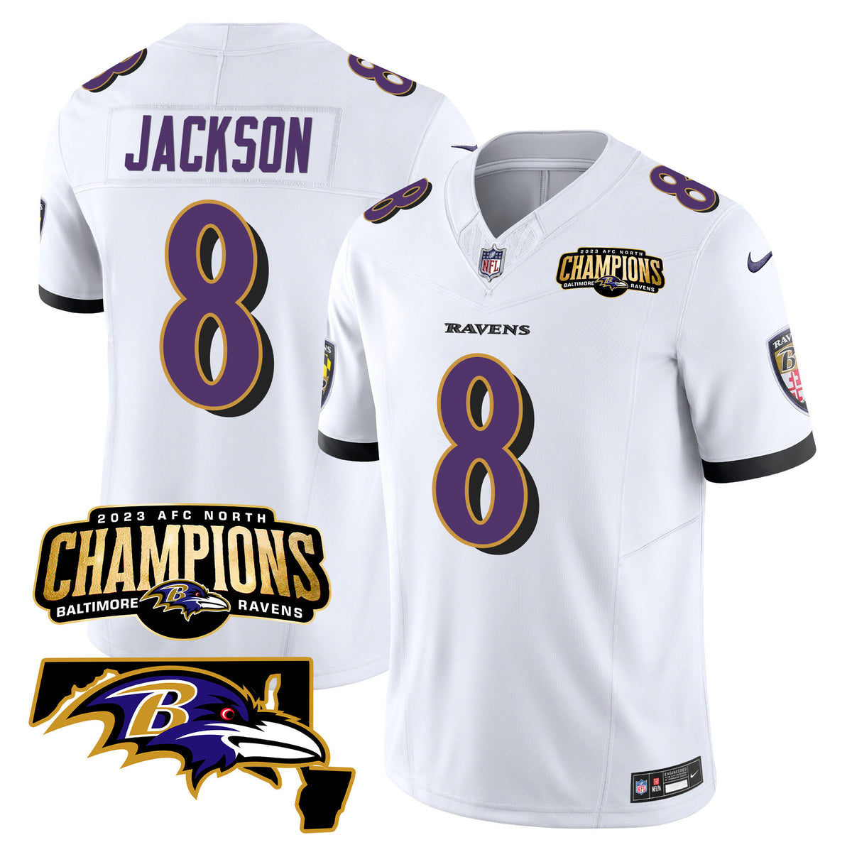 Men's Ravens 2023 AFC North Champions & Maryland Patch Vapor Jersey - All Stitched - White - Lamar Jackson — view 1