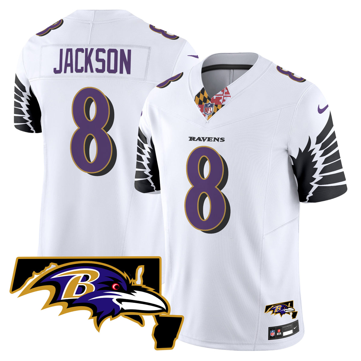 Men's Ravens Maryland Patch Vapor Limited Jersey V3 - All Stitched - White - Lamar Jackson — view 1