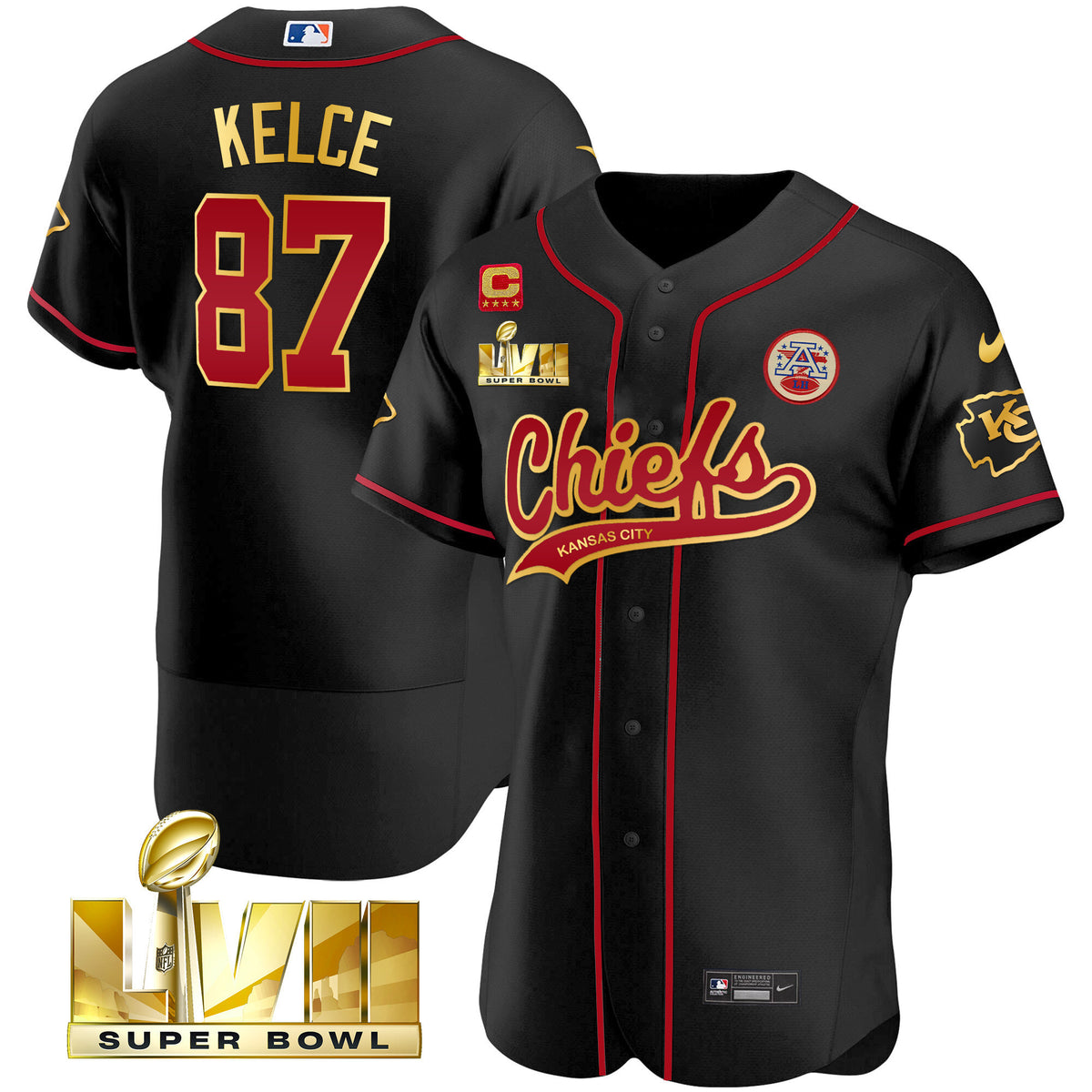 Men's Chiefs Super Bowl LVII Flex Base Jersey V2 - All Stitched - Black Gold Trim - Travis Kelce — view 1