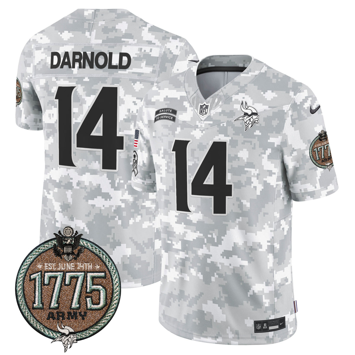 Men's Vikings 2024 Salute to Service Establishment Year Patch Vapor Limited Jersey - All Stitched - Army - Sam Darnold — view 1