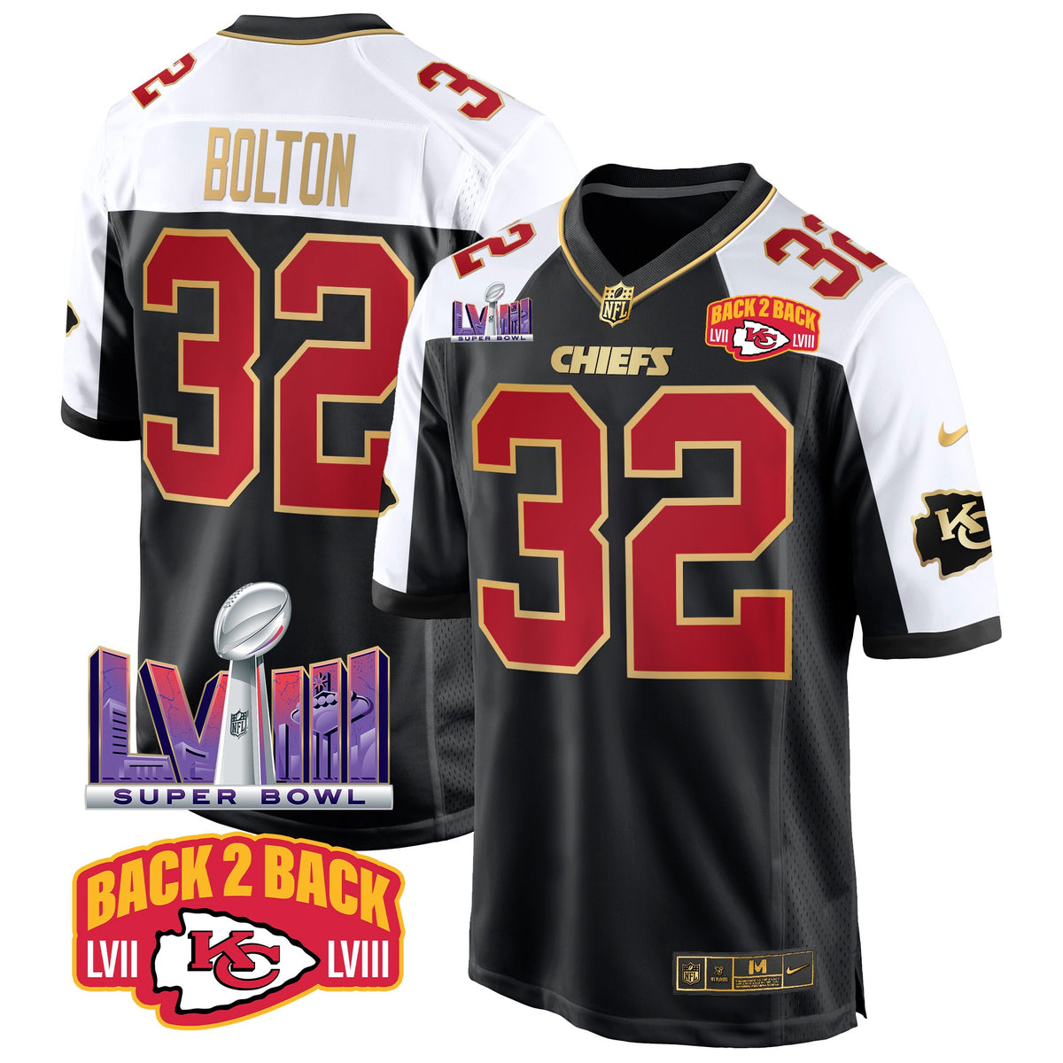 Men's Chiefs Super Bowl LVIII & Back 2 Back Patch Game Jersey - All Stitched - Black Alternate - Nick Bolton — view 1