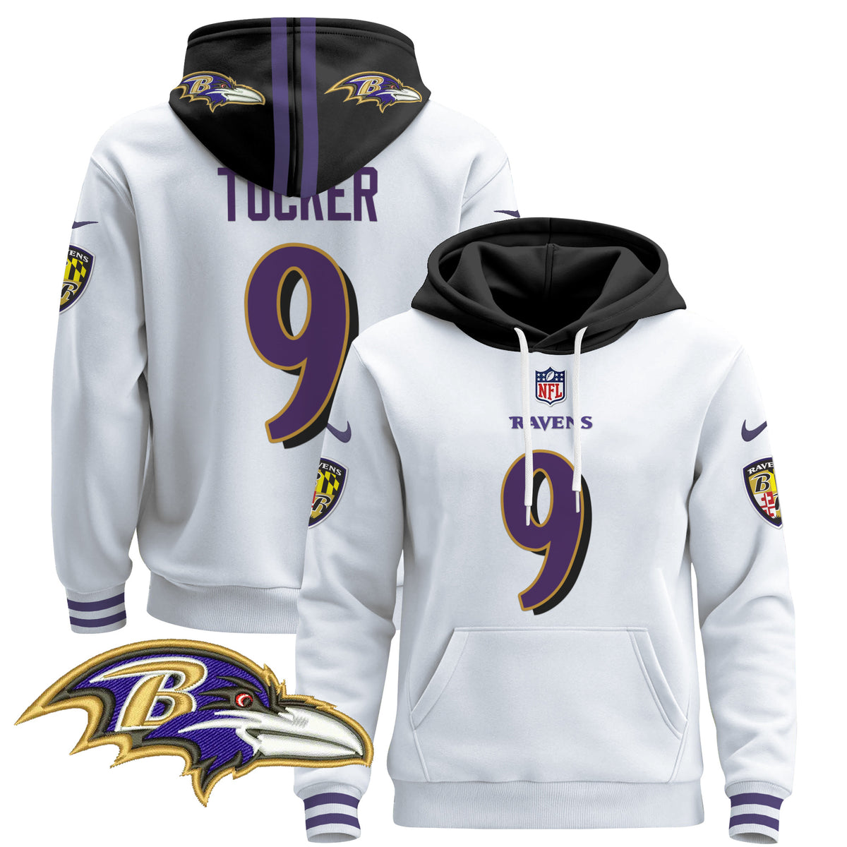 Men's Baltimore Ravens 2024 Pullover Hoodie V4 - All Stitched - White - Justin Tucker — view 1