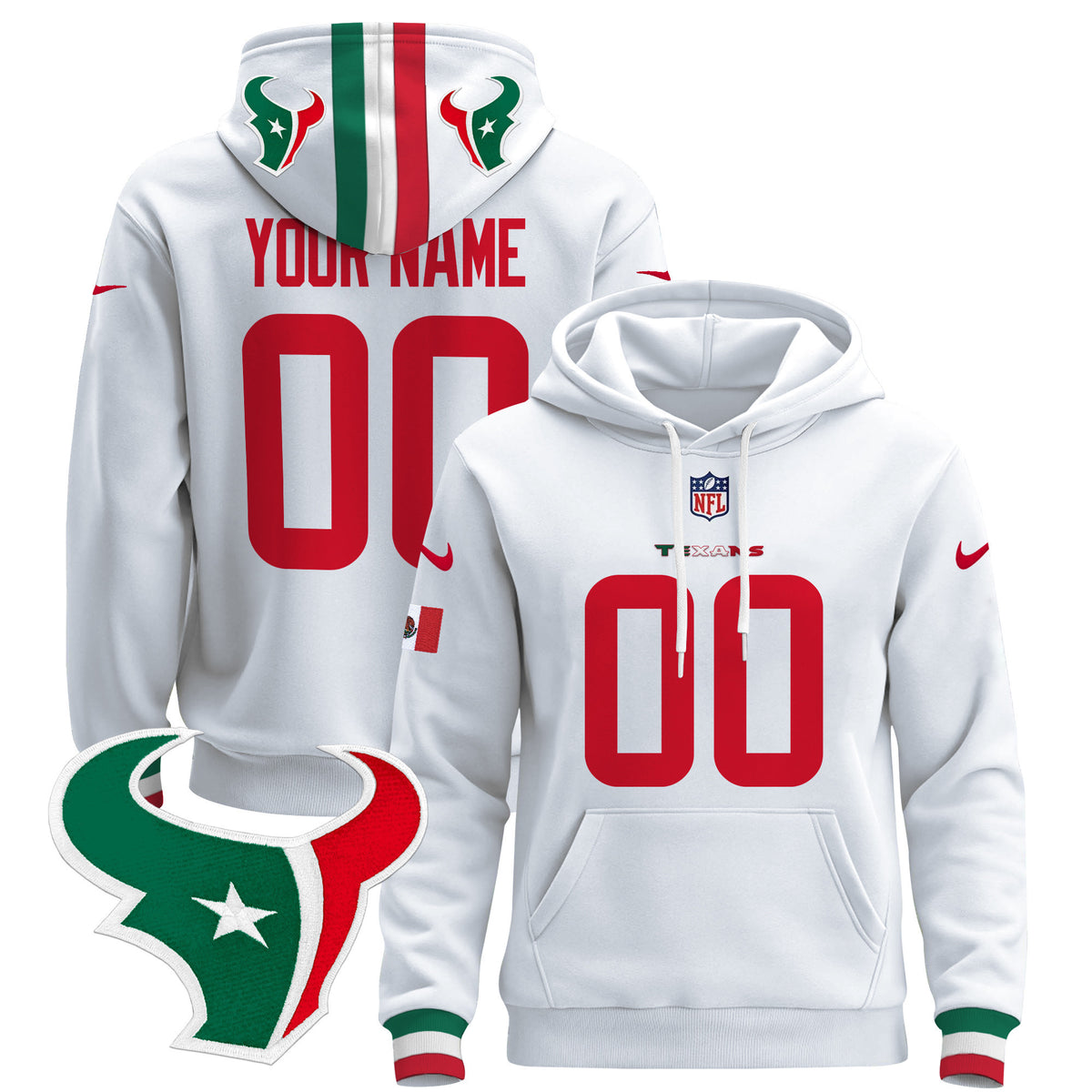 Houston Texans Mexico 2024 Custom Pullover Hoodie - All Stitched - White — view 1