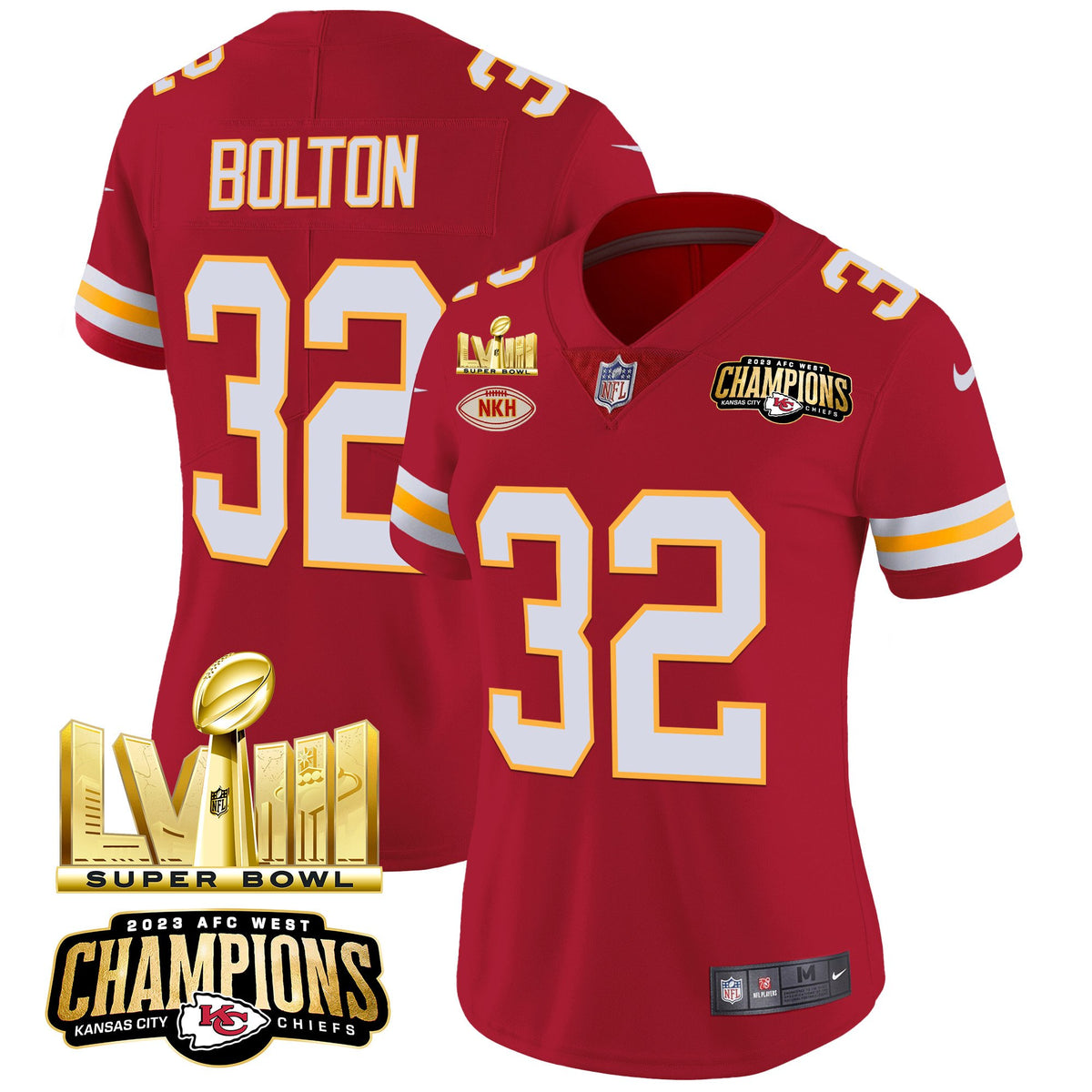 Women's Chiefs AFC West Champions & Super Bowl LVIII Gold Patch Vapor Jersey - All Stitched - Red - Nick Bolton — view 1