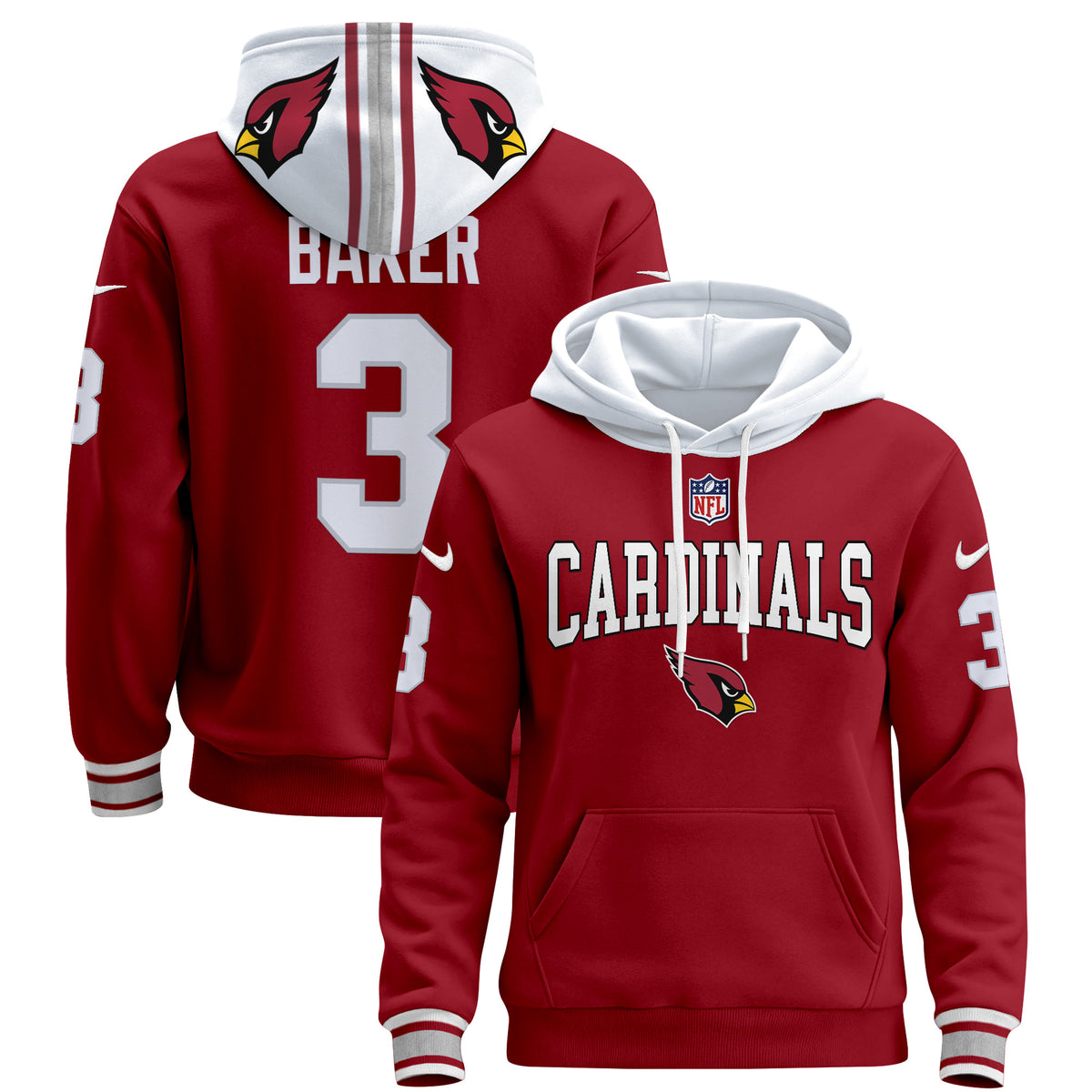 Men's Arizona Cardinals 2024 Pullover Hoodie V2 - All Stitched - Red - Budda Baker — view 1