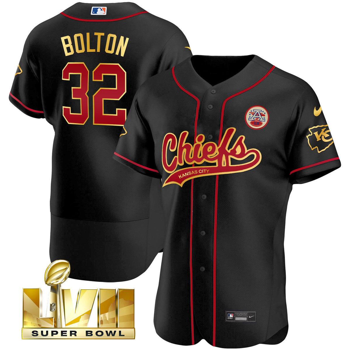 Men's Chiefs Super Bowl LVII Flex Base Jersey V2 - All Stitched - Black Gold Trim - Nick Bolton — view 1