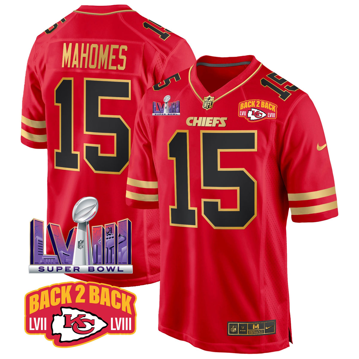 Men's Chiefs Super Bowl LVIII & Back 2 Back Patch Game Jersey - All Stitched - Black Red - Patrick Mahomes — view 1