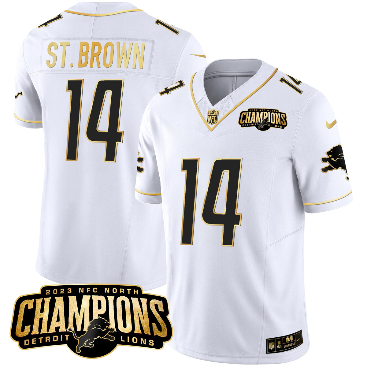 Men's Detroit Lions 2023 NFC North Champions Patch Gold Vapor Jersey - All Stitched - White Gold - St. Brown — view 1