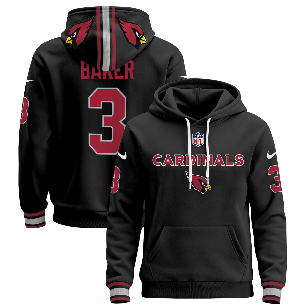 Men's Arizona Cardinals 2024 Pullover Hoodie V3 - All Stitched - Black - Budda Baker — view 1