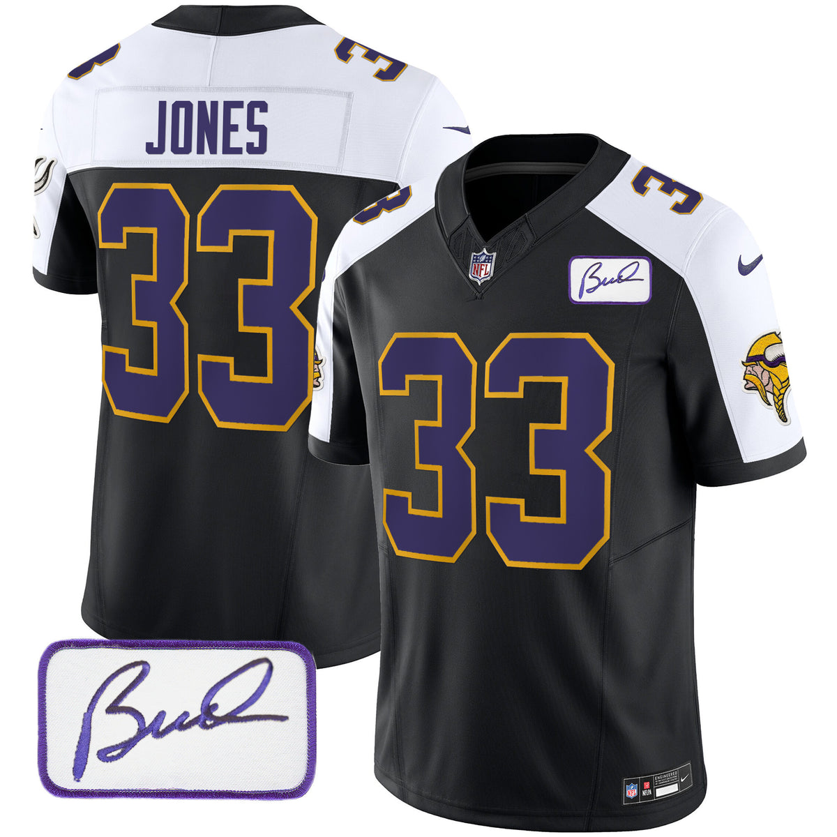 Men's Vikings Bud Grant Patch Classic Limited Jersey V3 - All Stitched - Black Alternate - Aaron Jones — view 1
