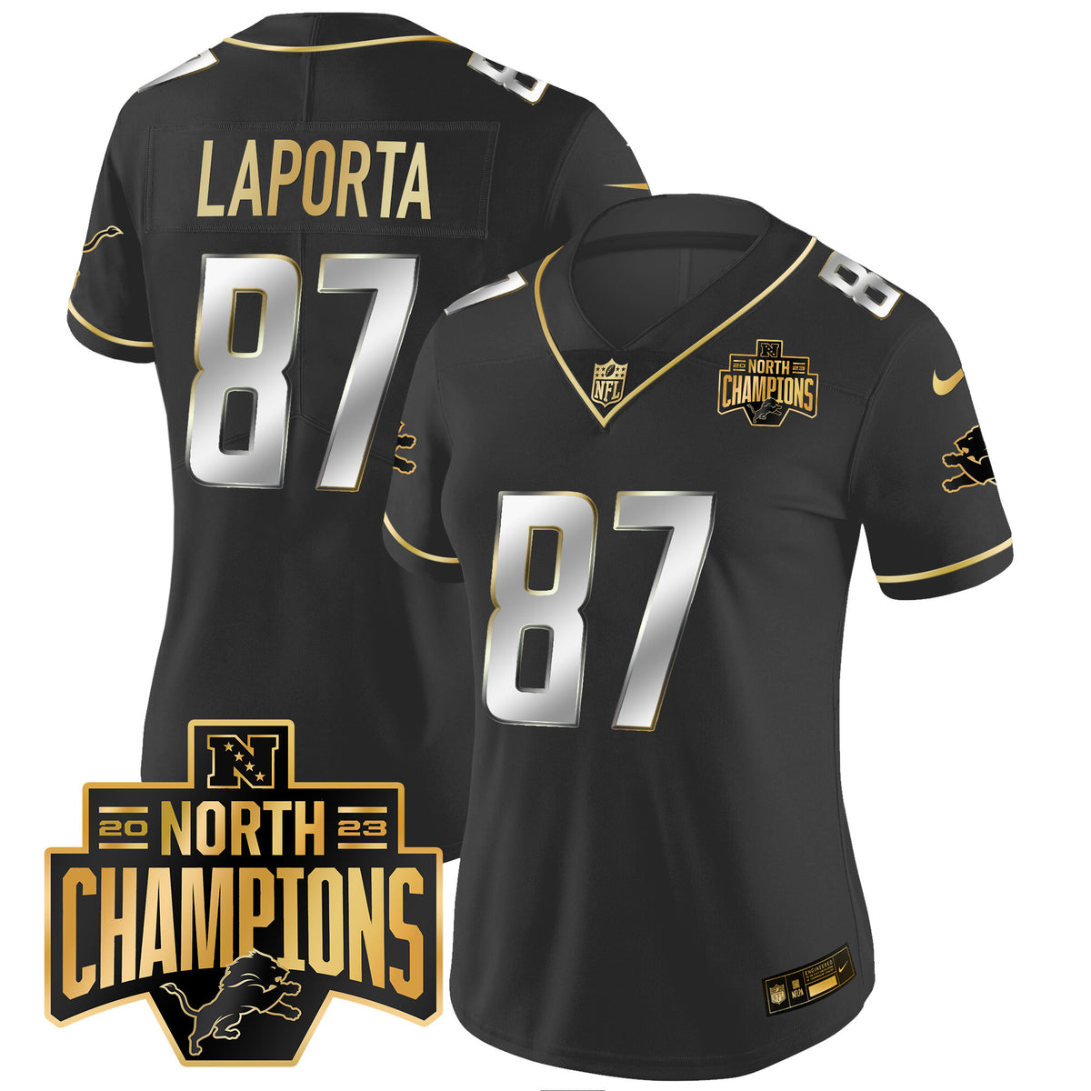Women's Detroit Lions 2023 NFC North Division Champions Patch Vapor Gold Jersey - All Stitched - Black Limited - Sam Laporta — view 1