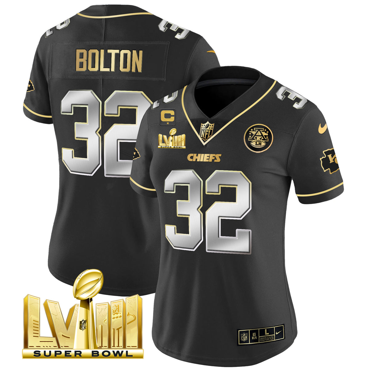 Women's Chiefs Super Bowl LVIII Gold Patch Vapor Jersey V4 - All Stitched - Black Limited - Nick Bolton — view 1