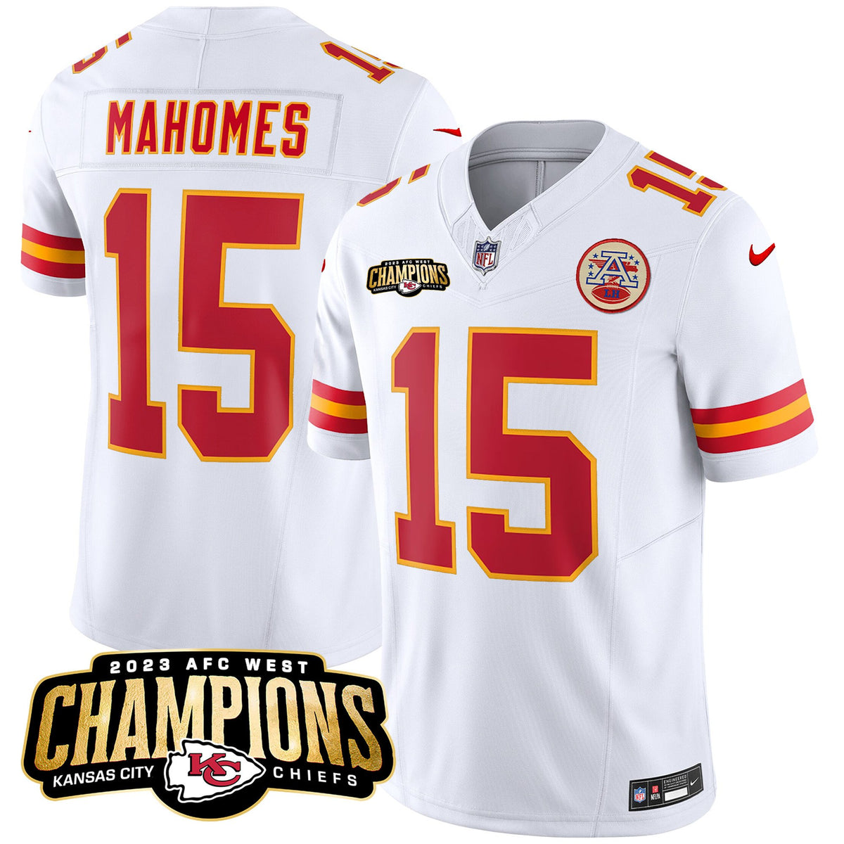 Men's Chiefs 2023 AFC West Champions Patch Vapor Limited Jersey V2 - All Stitched - White - Patrick Mahomes — view 1