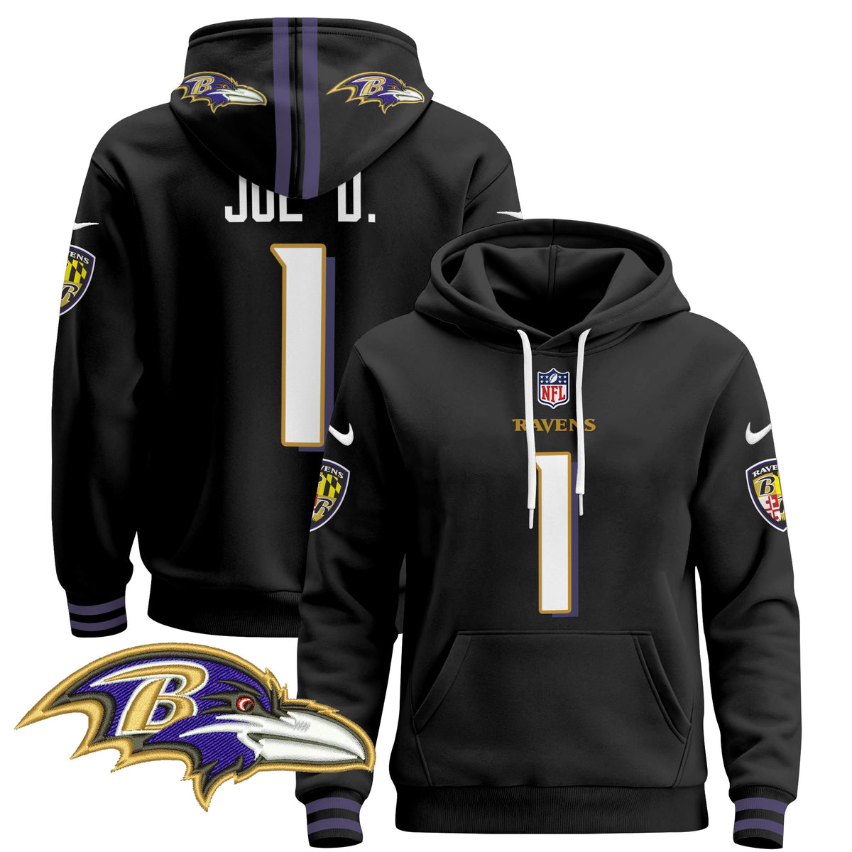 Men's Baltimore Ravens 2024 Pullover Hoodie V4 - All Stitched - Black - Joe D — view 1