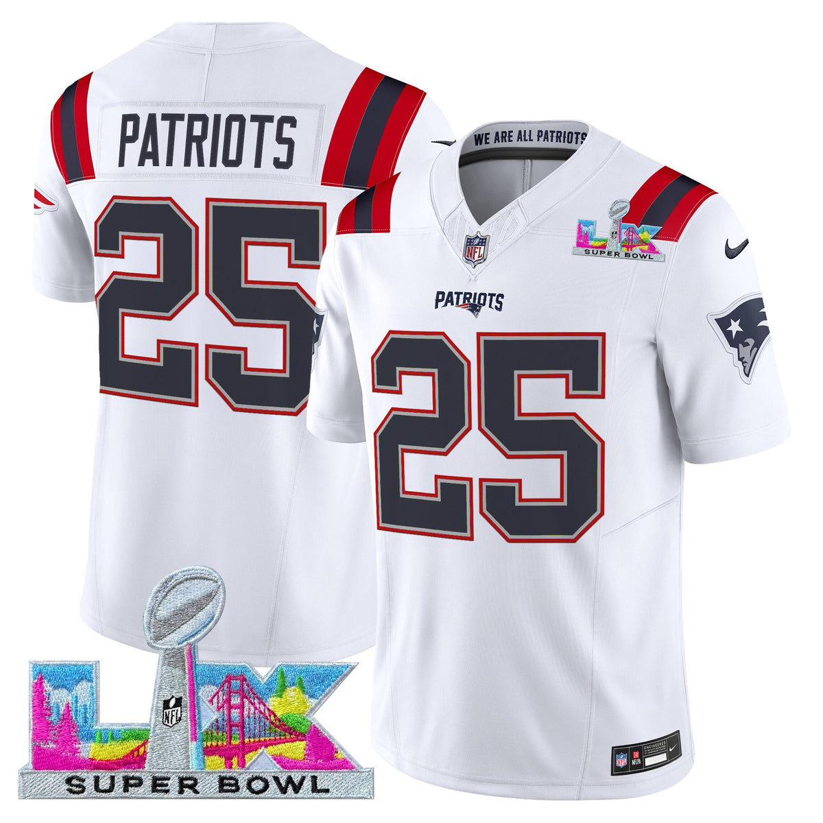 Men's New England Patriots Super Bowl LX Vapor Limited Jersey - All Stitched - White - #25 Patriots — view 1