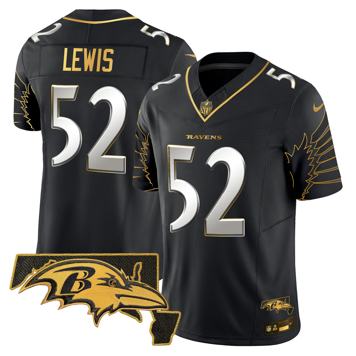 Men's Ravens Maryland Patch Gold Vapor Limited Jersey V2 - All Stitched - Black Limited - Ray Lewis — view 1
