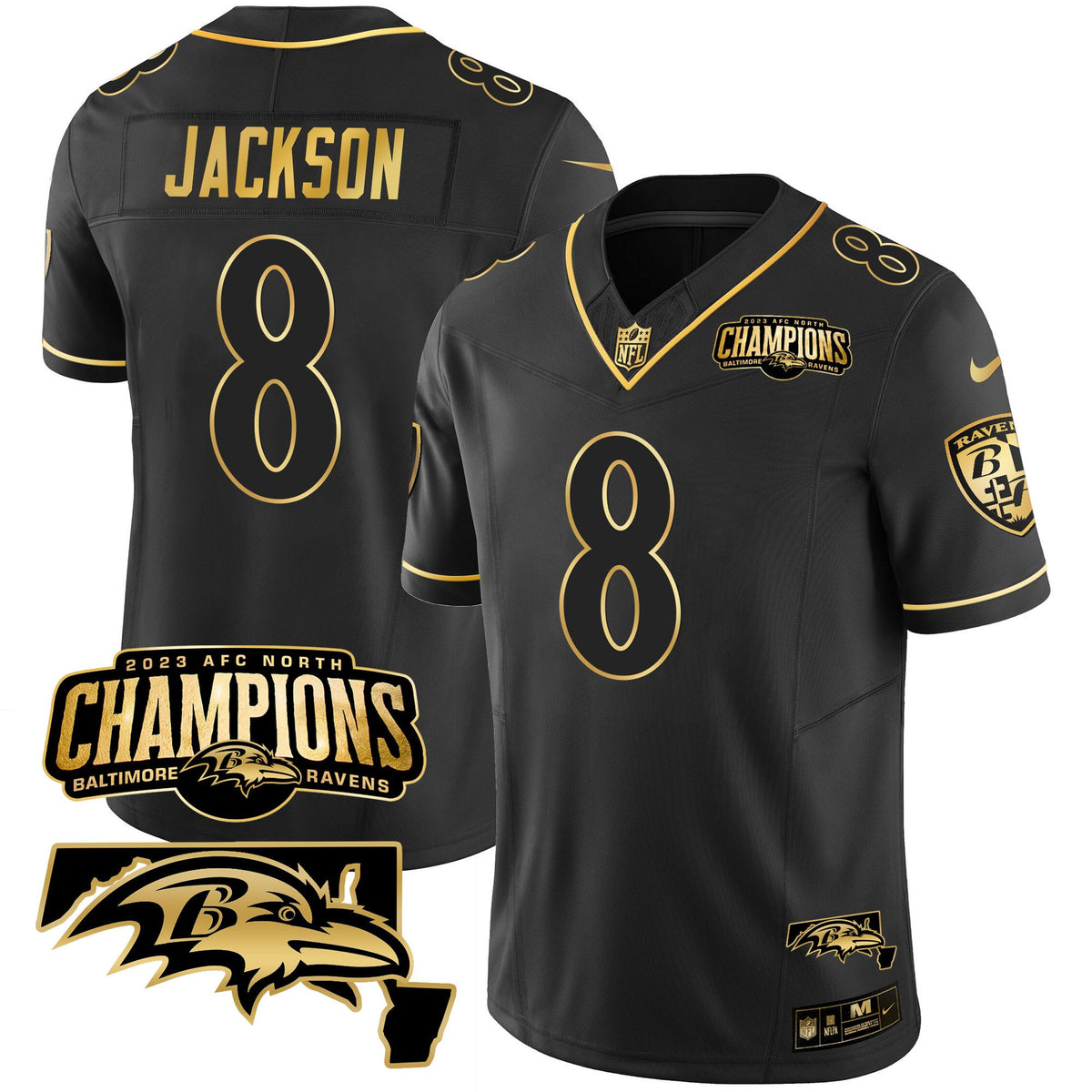 Men's Ravens 2023 AFC North Champions & Maryland Patch Gold Vapor Jersey - All Stitched - Black Gold - Lamar Jackson — view 1